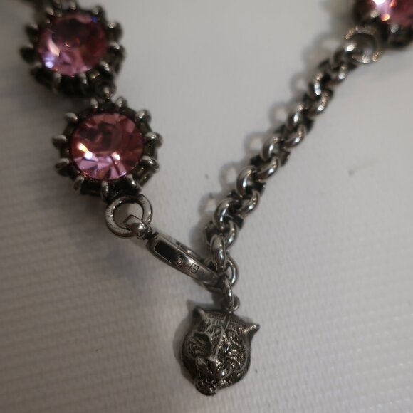 Authentic Gucci Feline Head Pink Crystal Silver Chain Link Adjustable Bracelet - Picture 10 of 12